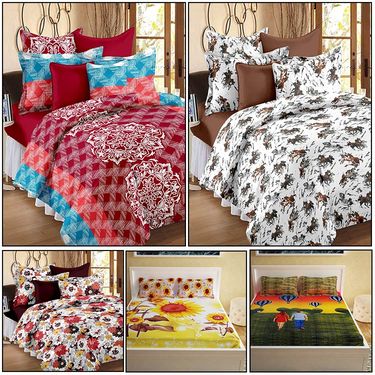 Storyathome Combo Of 100% Cotton 2pc Double Bedsheet, 2pc 3D Bed Sheet And 1pc Cotton Single Bed Sheet-MP_1206-1208-PC_1407-1410-FY1424