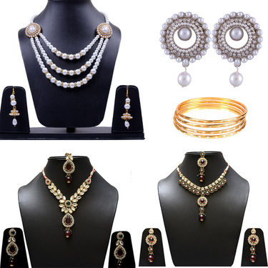 Combo Of Manukunj 3 Necklace Set + 1 Pc Of Earrings + 4 Pc Of Bangles - Kunj-112