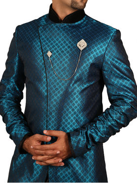 Runako Regular Fit Elegant Silk Brocade Sherwani For Men - Blue